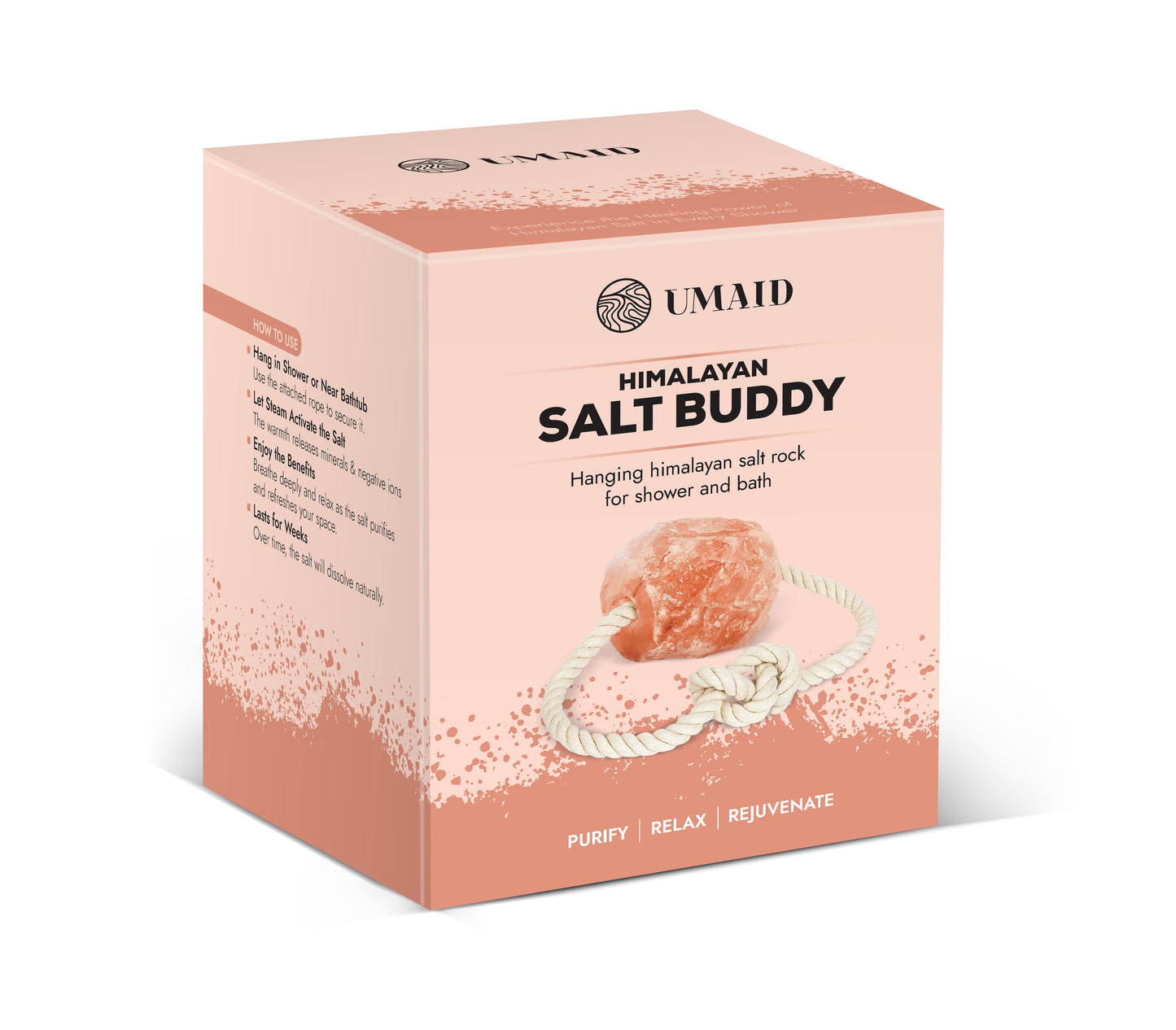 Himalayan Salt Buddy™ Hanging Salt Rock for Shower & Salty Bath Soak, Releases Negative Ions for Relaxation, Natural Spa Essential