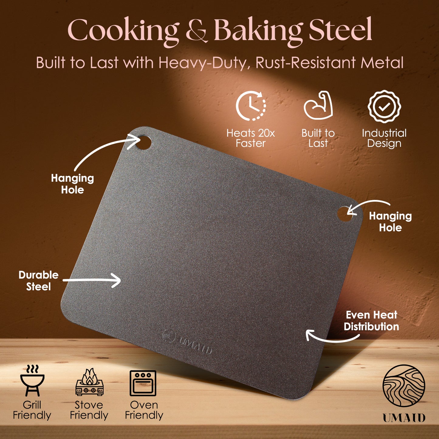UMAID Pizza & Baking Steel for Oven & Grill – 16"x13.4", Pre-Seasoned for Crispy Crust, Includes Recipe Booklet