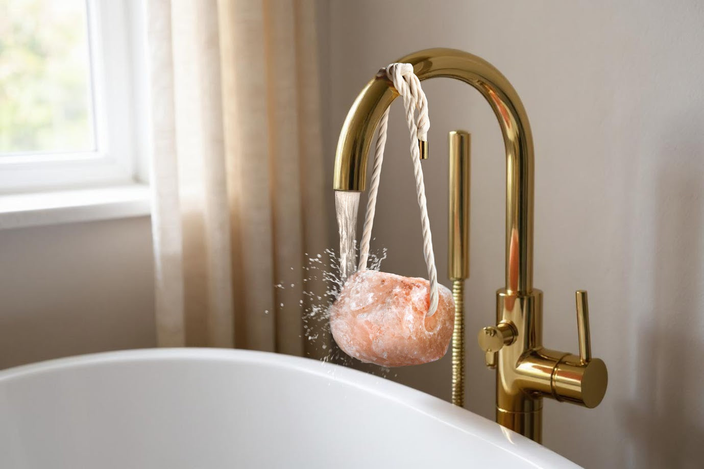 Himalayan Salt Buddy™ Hanging Salt Rock for Shower & Salty Bath Soak, Releases Negative Ions for Relaxation, Natural Spa Essential