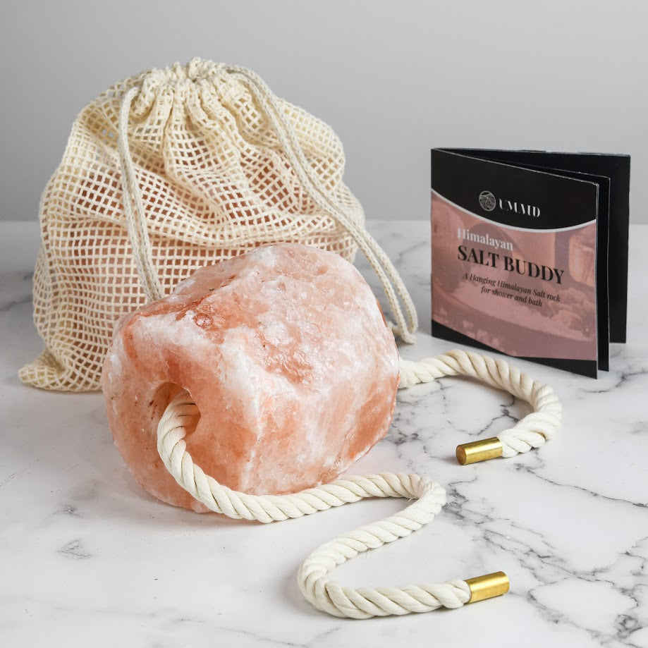 Himalayan Salt Buddy™ Hanging Salt Rock for Shower & Salty Bath Soak, Releases Negative Ions for Relaxation, Natural Spa Essential