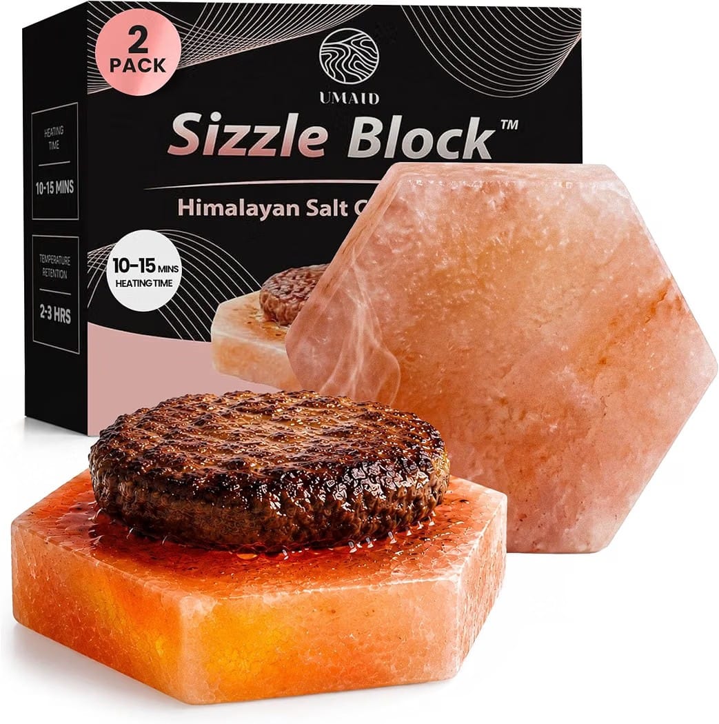 UMAID Sizzle Block two-pack with gift box and serving suggestion