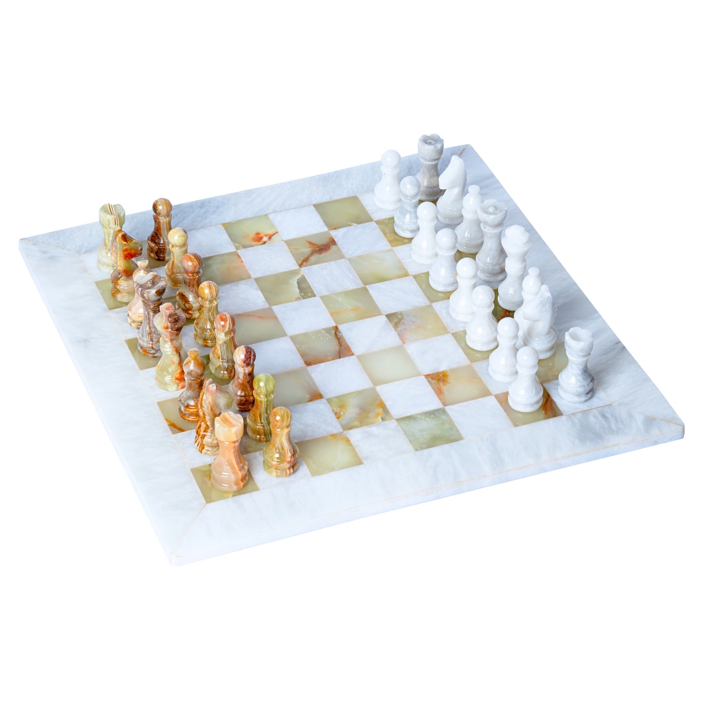 Marble Chess Set in Olive Brown & White Onyx