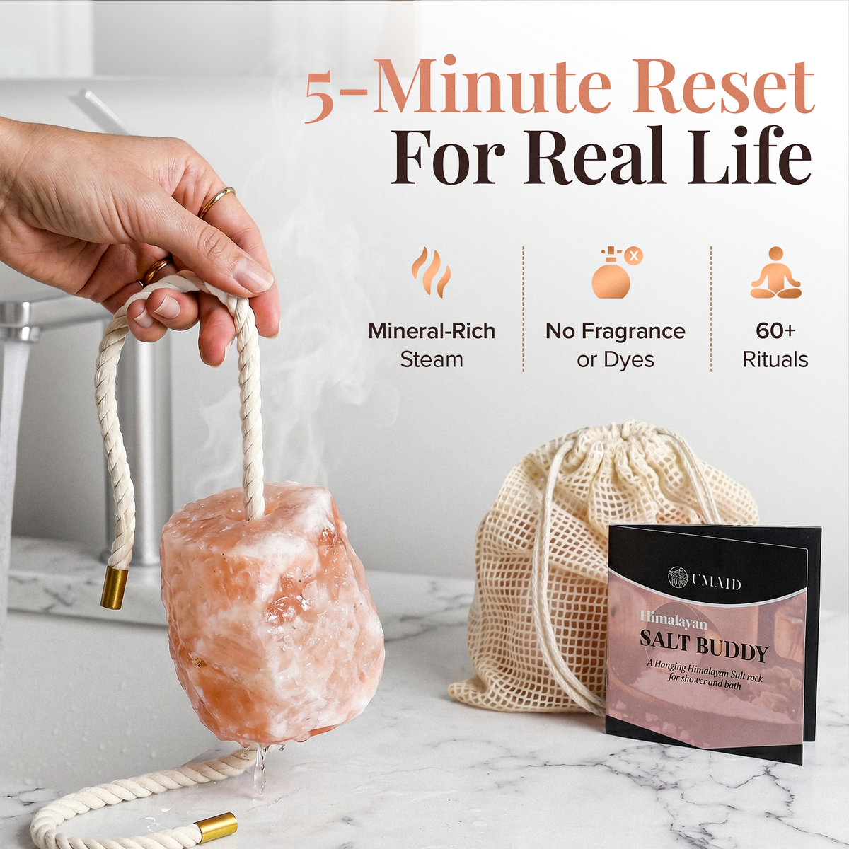 Himalayan Salt Hanging Salt Rock for Shower & Salty Bath Soak, Releases Negative Ions for Relaxation, Natural Spa Essential