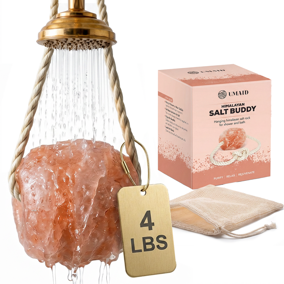 Himalayan Salt Hanging Salt Rock for Shower & Salty Bath Soak, Releases Negative Ions for Relaxation, Natural Spa Essential