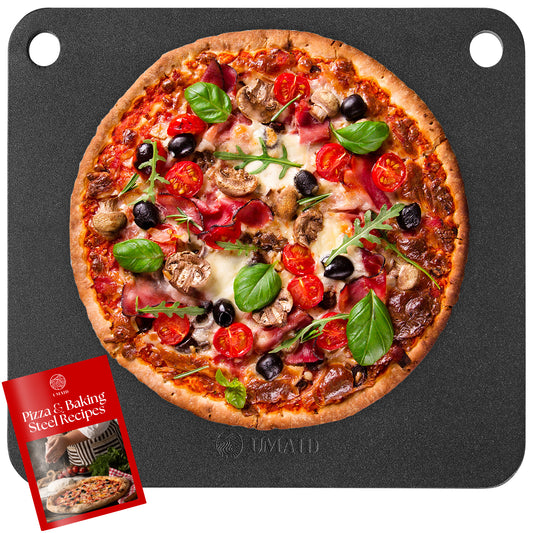 UMAID Pizza & Baking Steel for Oven & Grill – 16"x13.4", Pre-Seasoned for Crispy Crust, Includes Recipe Booklet – Ideal Father’s Day Gift