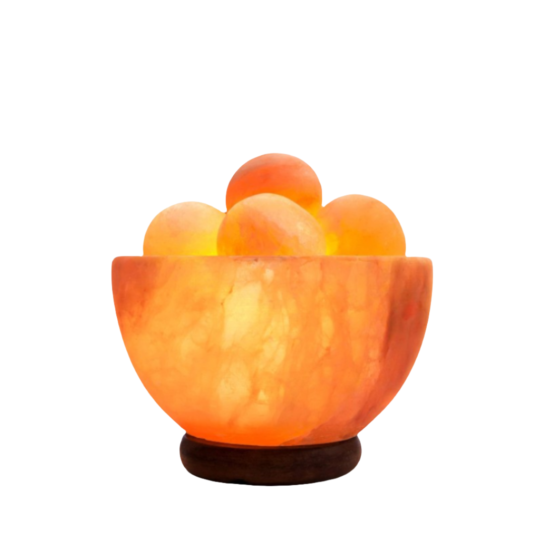 Himalayan Salt Lamp Bowl with Modern Wood Base and Pink Salt Balls