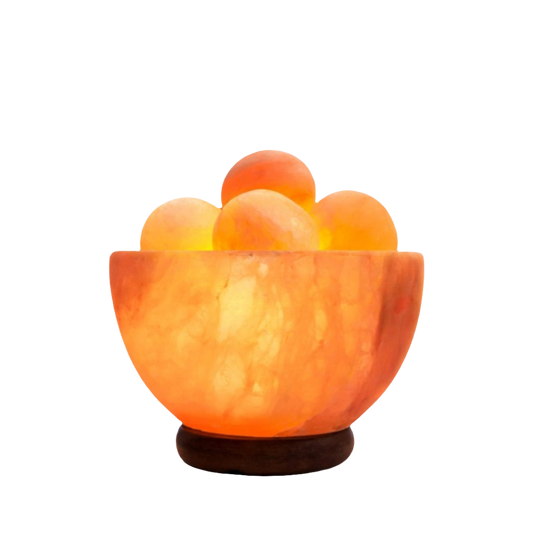 Himalayan Salt Lamp Bowl with Modern Wood Base and Pink Salt Balls