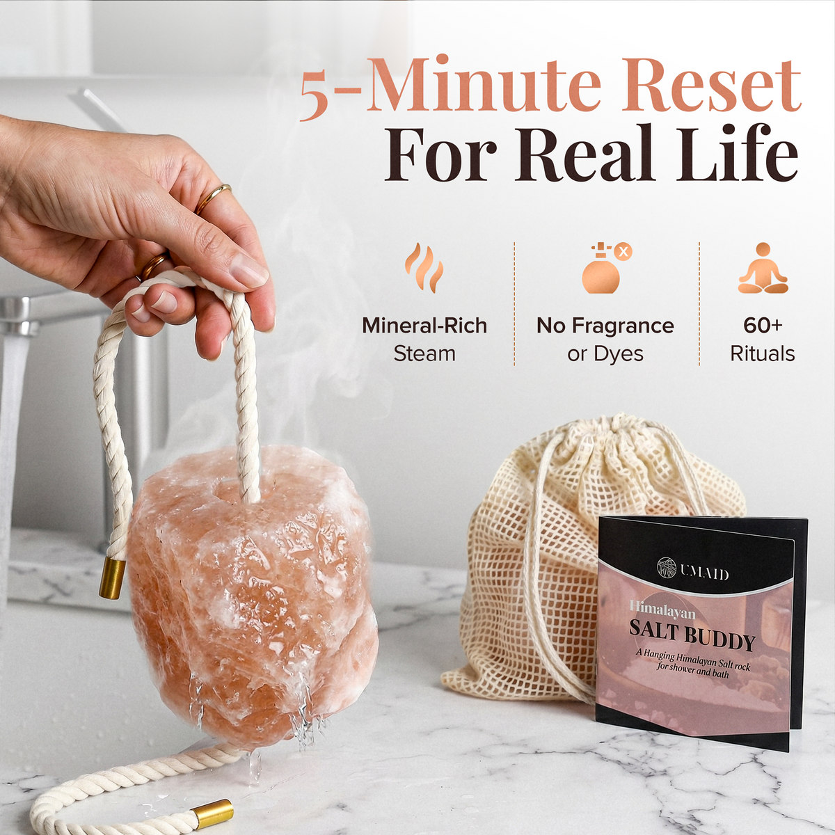 Himalayan Salt Hanging Salt Rock for Shower & Salty Bath Soak, Releases Negative Ions for Relaxation, Natural Spa Essential