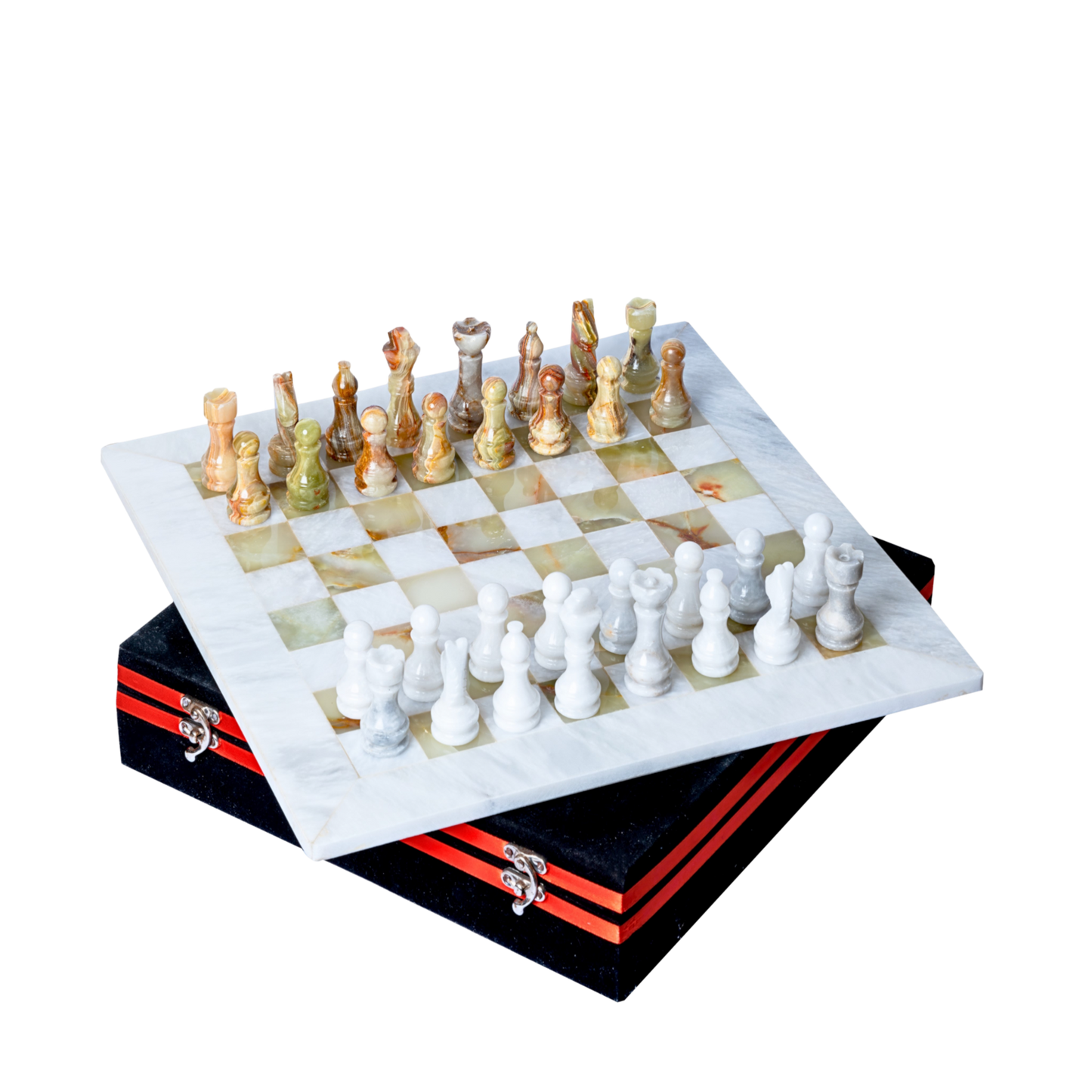 Marble Chess Set in Olive Brown & White Onyx