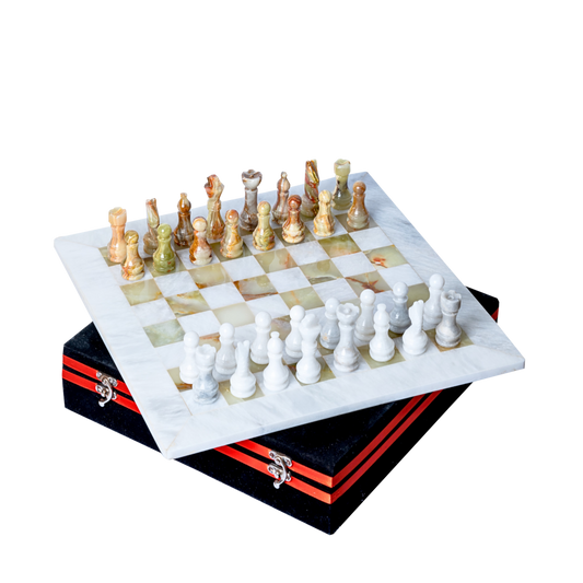 Marble Chess Set in Olive Brown & White Onyx