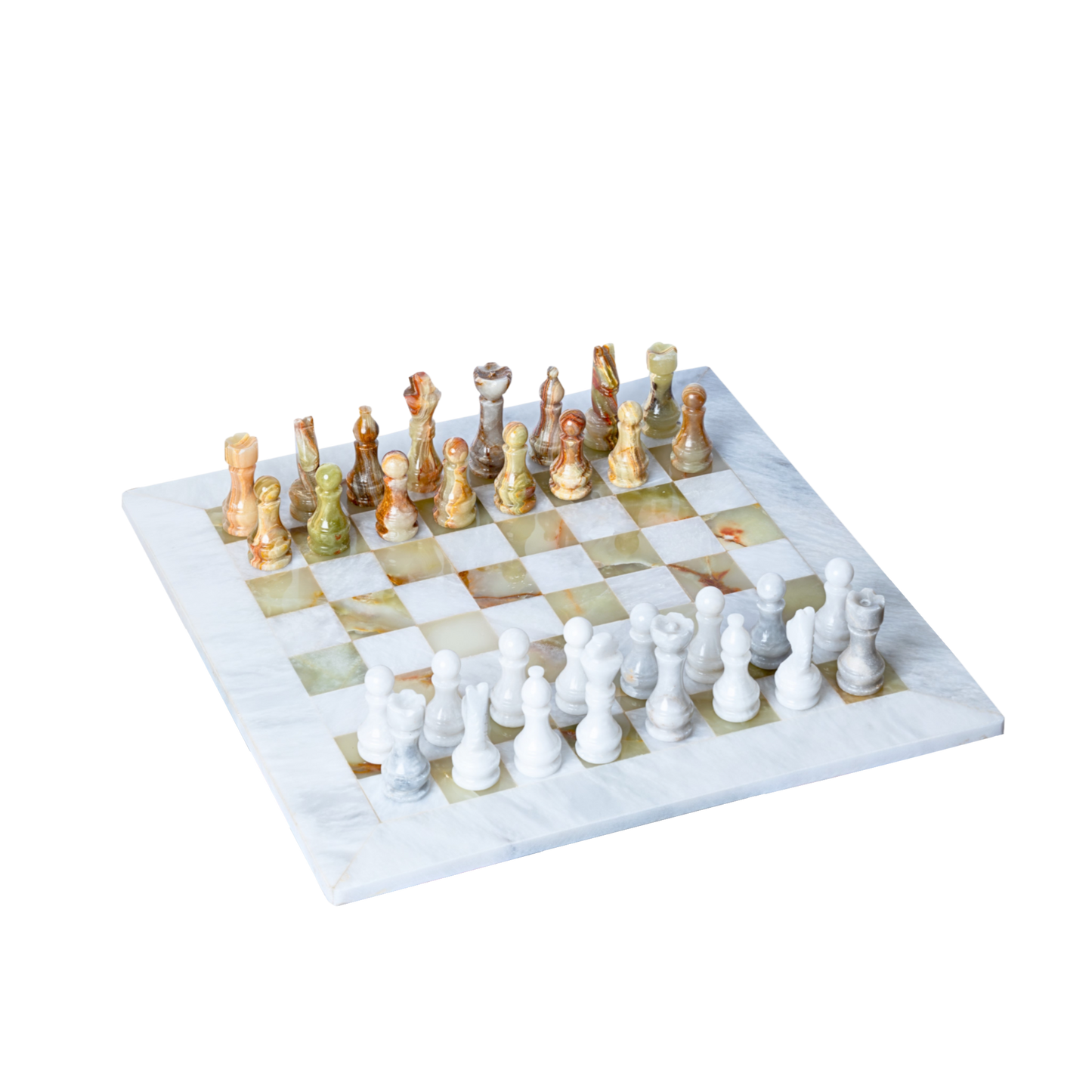 Marble Chess Set in Olive Brown & White Onyx