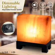 UMAID Authentic Natural Himalayan Salt Lamp, Hand-Carved Modern Rectangle in Pink Crystal Natural Rock Salt from The Himalayan Mountains, Stylish Footed Wood Base, UL-Listed Dimmer Cord