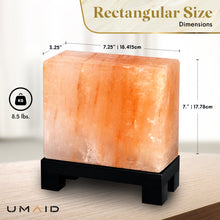 UMAID Authentic Natural Himalayan Salt Lamp, Hand-Carved Modern Rectangle in Pink Crystal Natural Rock Salt from The Himalayan Mountains, Stylish Footed Wood Base, UL-Listed Dimmer Cord